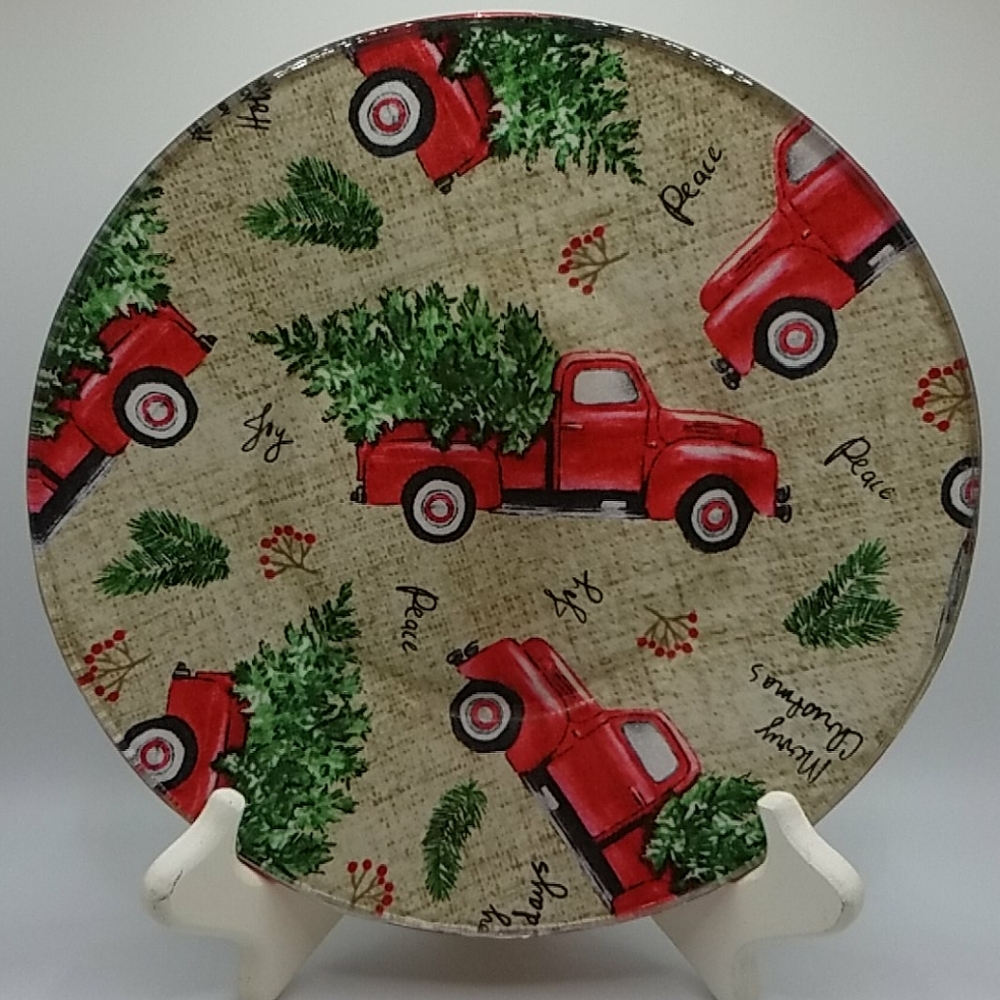 Hand Crafted Glass Decoupage Home Decor Plate Red Truck Design 8" Plate